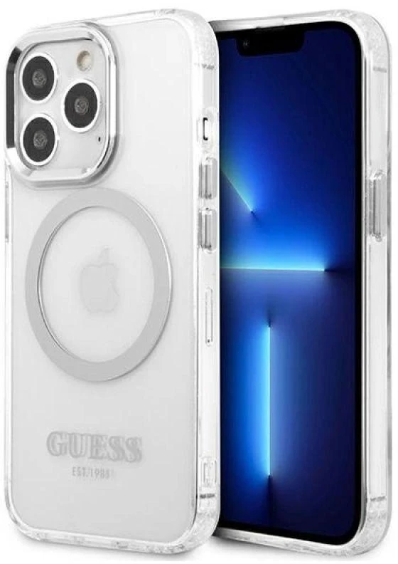 Guess GUHMP13LHTRMS Apple iPhone 13 Pro / 13 6,1″ sidabrinis kietas dėklas Metal Outline Magsafe