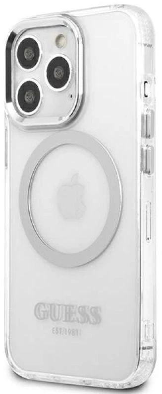 Guess GUHMP13LHTRMS Apple iPhone 13 Pro / 13 6,1″ sidabrinis kietas dėklas Metal Outline Magsafe