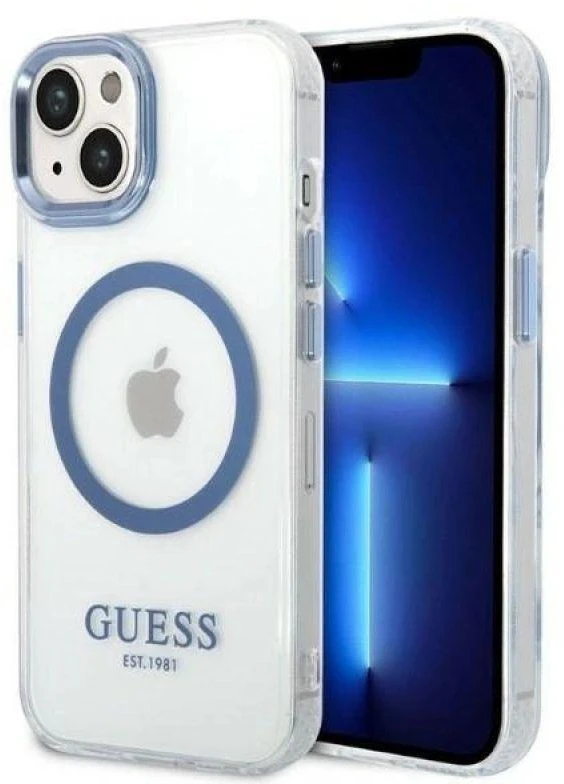Guess GUHMP14MHTRMB Apple iPhone 14 Plus / 15 Plus 6.7″ mėlynas kietas dėklas Metal Outline Magsafe