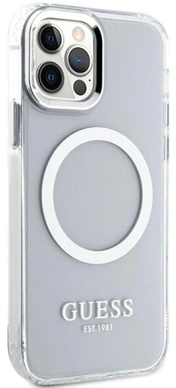 Guess GUHMP12MHTRMS Apple iPhone 12/12 Pro 6.1″ sidabrinis kietas dėklas Metal Outline Magsafe
