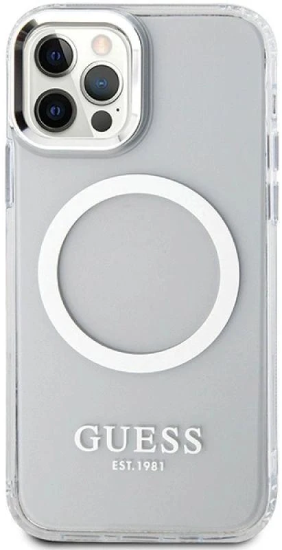 Guess GUHMP12MHTRMS Apple iPhone 12/12 Pro 6.1″ sidabrinis kietas dėklas Metal Outline Magsafe
