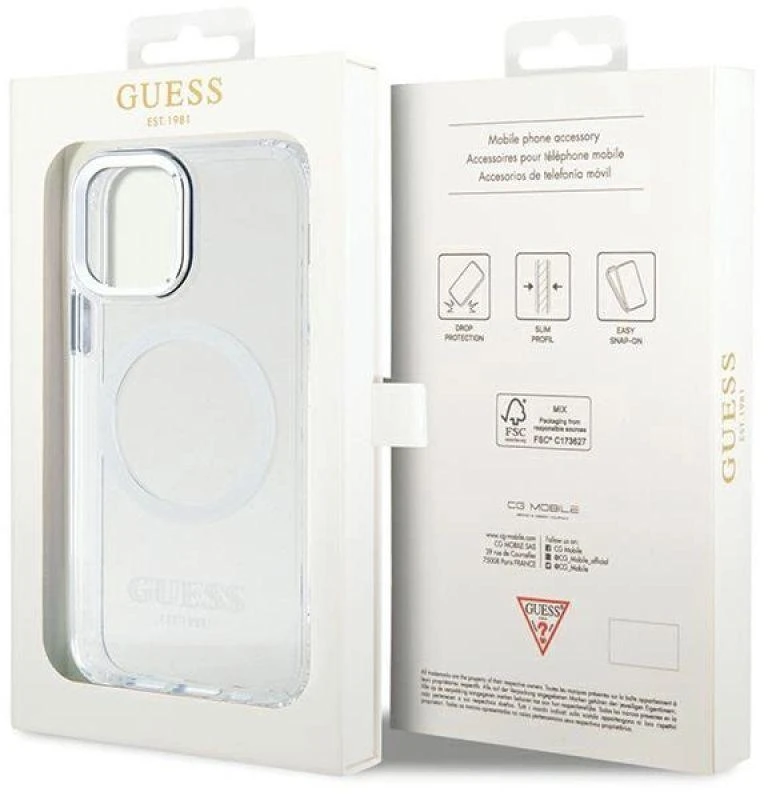 Guess GUHMP12MHTRMS Apple iPhone 12/12 Pro 6.1″ sidabrinis kietas dėklas Metal Outline Magsafe