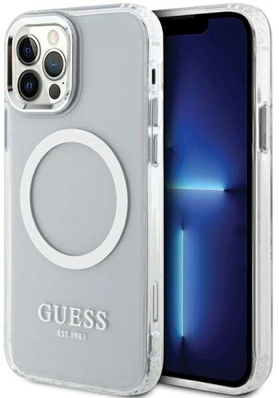 Guess GUHMP12MHTRMS Apple iPhone 12/12 Pro 6.1″ sidabrinis kietas dėklas Metal Outline Magsafe