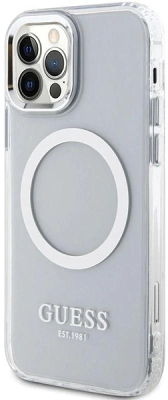 Guess GUHMP12MHTRMS Apple iPhone 12/12 Pro 6.1″ sidabrinis kietas dėklas Metal Outline Magsafe