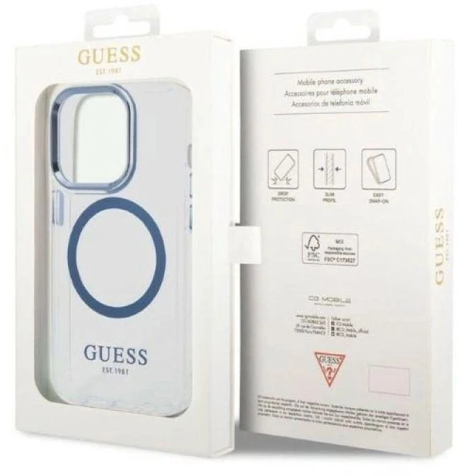 Guess GUHMP14LHTRMB Apple iPhone 14 Pro 6,1″ mėlynas kietas dėklas Metal Outline Magsafe