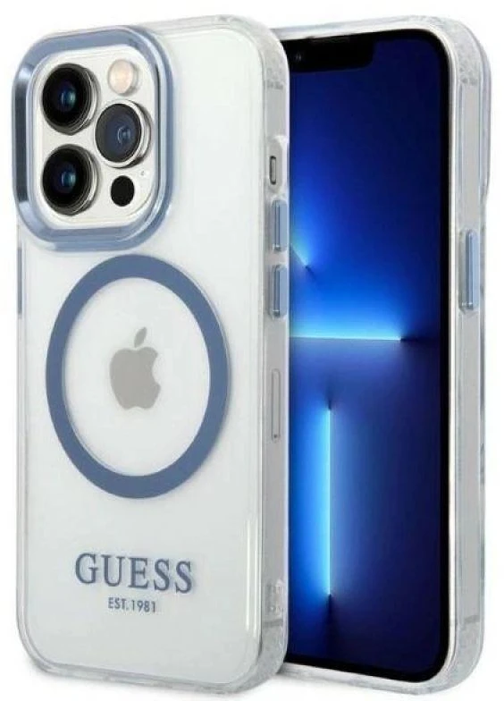 Guess GUHMP14LHTRMB Apple iPhone 14 Pro 6,1″ mėlynas kietas dėklas Metal Outline Magsafe