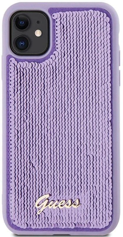 Guess GUHCN61PSFDGSU Apple iPhone 11 / Xr 6.1″ violetinės spalvos kietas dėklas Sequin Script Metal