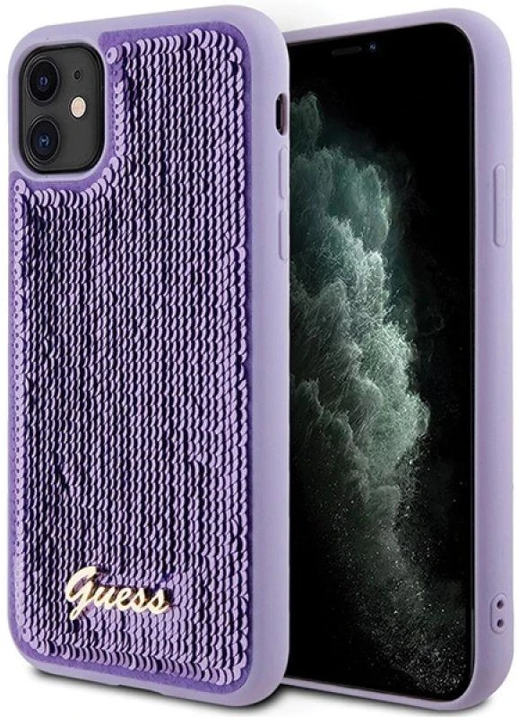 Guess GUHCN61PSFDGSU Apple iPhone 11 / Xr 6.1″ violetinės spalvos kietas dėklas Sequin Script Metal