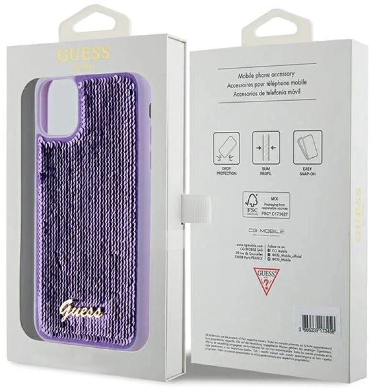 Guess GUHCN61PSFDGSU Apple iPhone 11 / Xr 6.1″ violetinės spalvos kietas dėklas Sequin Script Metal