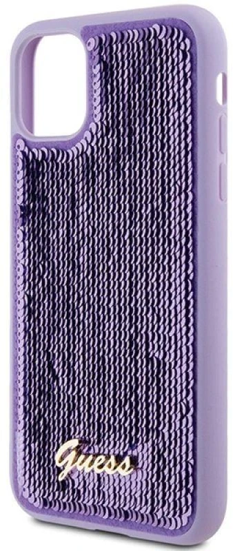 Guess GUHCN61PSFDGSU Apple iPhone 11 / Xr 6.1″ violetinės spalvos kietas dėklas Sequin Script Metal