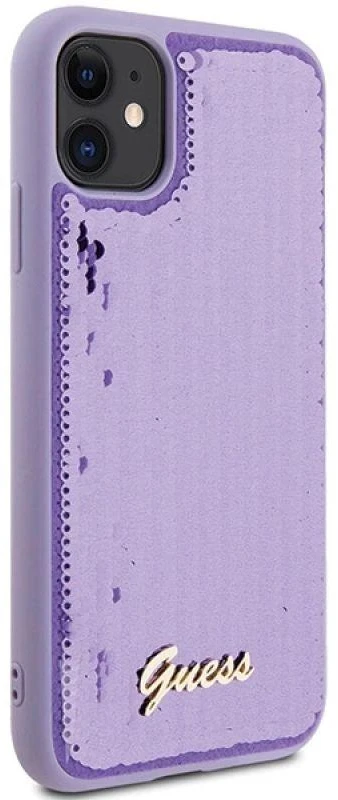 Guess GUHCN61PSFDGSU Apple iPhone 11 / Xr 6.1″ violetinės spalvos kietas dėklas Sequin Script Metal