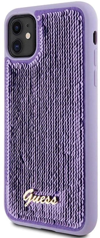 Guess GUHCN61PSFDGSU Apple iPhone 11 / Xr 6.1″ violetinės spalvos kietas dėklas Sequin Script Metal