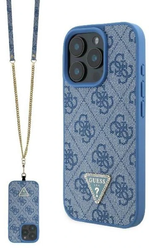 Guess GUHCP16LP4TDSCPB Apple iPhone 16 Pro 6.3″ mėlynas kietas dėklas Leather Metal Logo Strass Crossbody