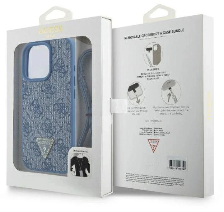 Guess GUHCP16LP4TDSCPB Apple iPhone 16 Pro 6.3″ mėlynas kietas dėklas Leather Metal Logo Strass Crossbody