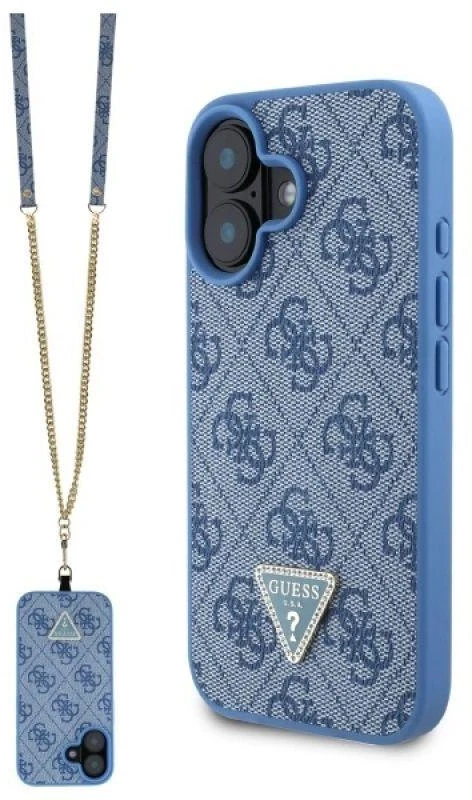 Guess GUHCP16SP4TDSCPB Apple iPhone 16 6.1″ mėlynas kietas dėklas Leather Metal Logo Strass Crossbody