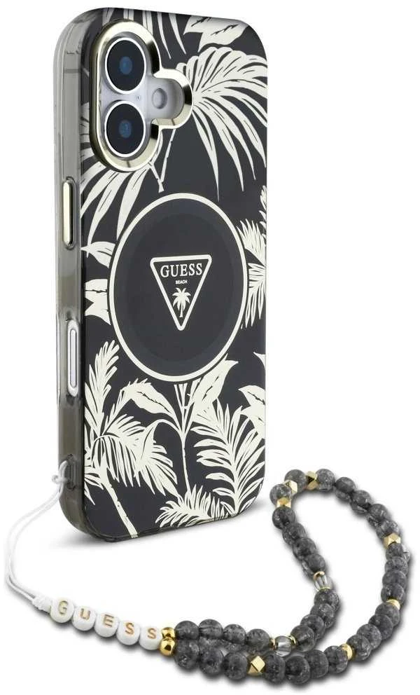 Guess Palm Trees Triangle Pearl Strap MagSafe Apple iPhone 16 dėklas telefonui juodos spalvos