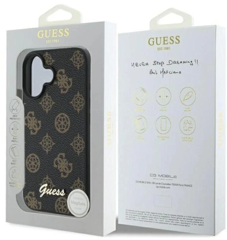 Guess GUHMP16SPGPYSK Apple iPhone 16 6.1″ juodos spalvos kietas dėklas Peony Script MagSafe