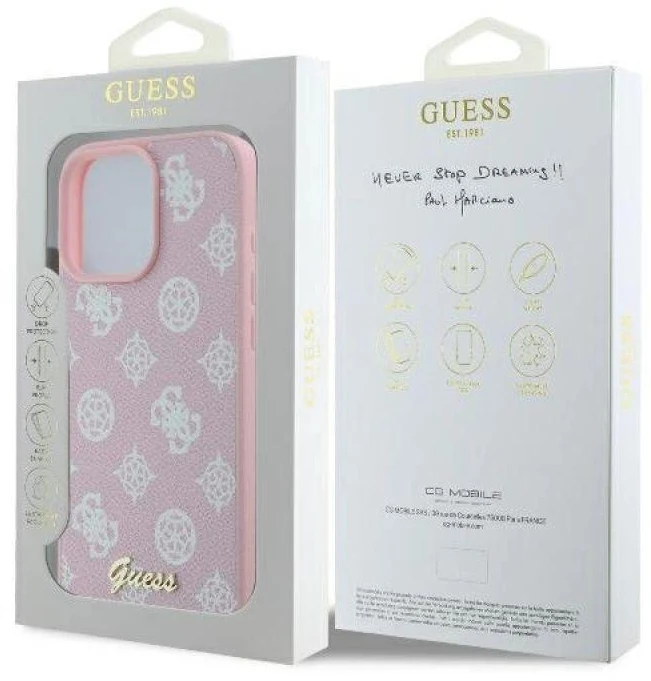 Guess GUHMP16LPGPYSP Apple iPhone 16 Pro 6.3″ rožinės spalvos kietas dėklas Peony Script Logo MagSafe