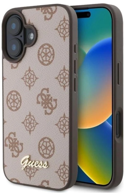 Guess GUHMP16SPGPYSW Apple iPhone 16 6.1″ rudos spalvos kietas dėklas Peony Script MagSafe
