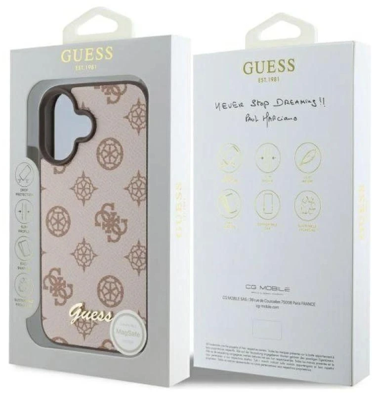 Guess GUHMP16SPGPYSW Apple iPhone 16 6.1″ rudos spalvos kietas dėklas Peony Script MagSafe