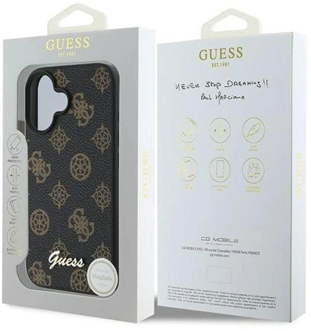 Guess GUHMP16MPGPYSK Apple iPhone 16 Plus 6.7″ juodos spalvos kietas dėklas PU Peony Script MagSafe