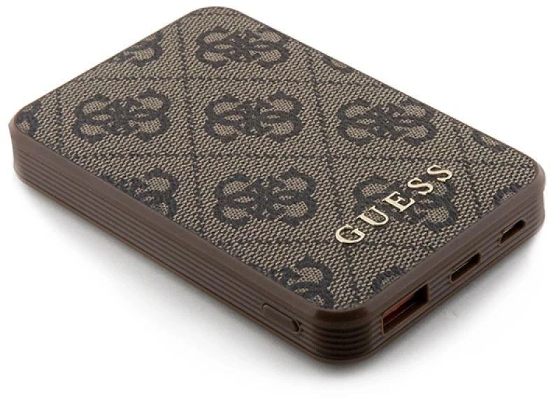 „Guess“ nešiojamoji baterija 15W GUPB5LP4GEGW 5000mAh rudos spalvos 4G odinis metalinis logotipas