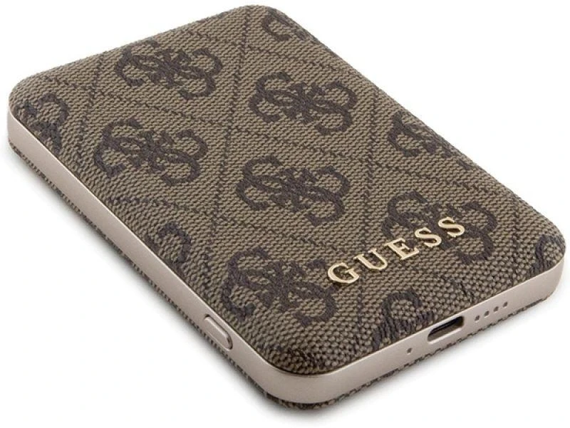 Guess indukcinė išorinė baterija 15W GUPB5FP4EMGW 5000mAh rudos spalvos 4G odinis metalinis logotipas MagSafe
