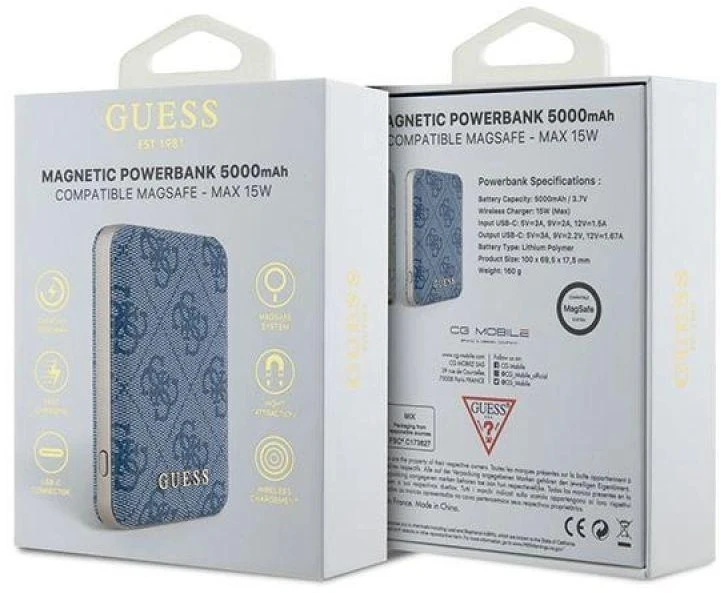 „Guess“ indukcinė išorinė baterija 15WGUPB5FP4EMGB 5000mAh mėlynas 4G odinis metalinis logotipas su „MagSafe“ logotipu