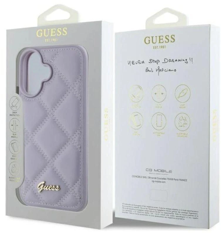 Guess GUHCP16SPSQSQSU Apple iPhone 16 6.1″ light violetinės spalvos kietas dėklas Quiled Metal Logo