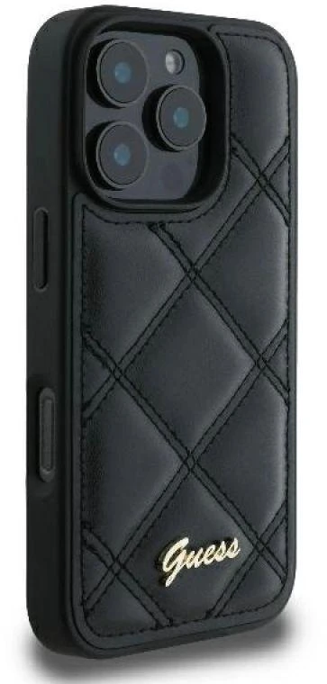Guess GUHCP16LPSQSQSK Apple iPhone 16 Pro 6.3″ juodos spalvos kietas dėklas Quilted Metal Logo
