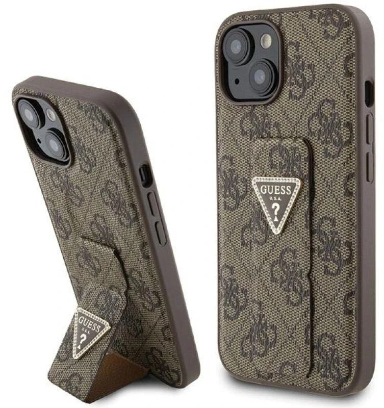Guess GUHCP15SPGS4TDW Apple iPhone 15 / 14 / 13 6.1″ rudos spalvos kietas dėklas Grip Stand 4G Triangle Strass
