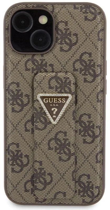 Guess GUHCP15SPGS4TDW Apple iPhone 15 / 14 / 13 6.1″ rudos spalvos kietas dėklas Grip Stand 4G Triangle Strass