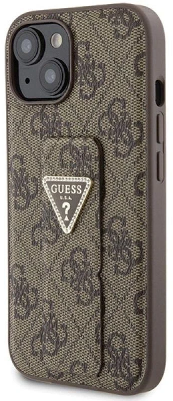 Guess GUHCP15SPGS4TDW Apple iPhone 15 / 14 / 13 6.1″ rudos spalvos kietas dėklas Grip Stand 4G Triangle Strass