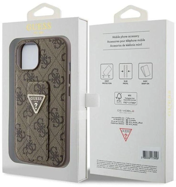 Guess GUHCP15SPGS4TDW Apple iPhone 15 / 14 / 13 6.1″ rudos spalvos kietas dėklas Grip Stand 4G Triangle Strass