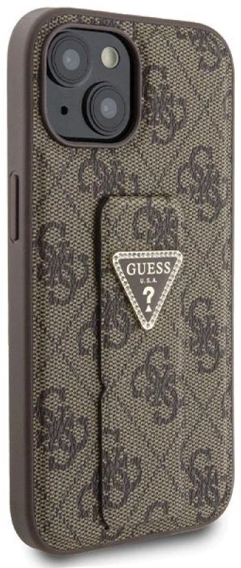 Guess GUHCP15SPGS4TDW Apple iPhone 15 / 14 / 13 6.1″ rudos spalvos kietas dėklas Grip Stand 4G Triangle Strass