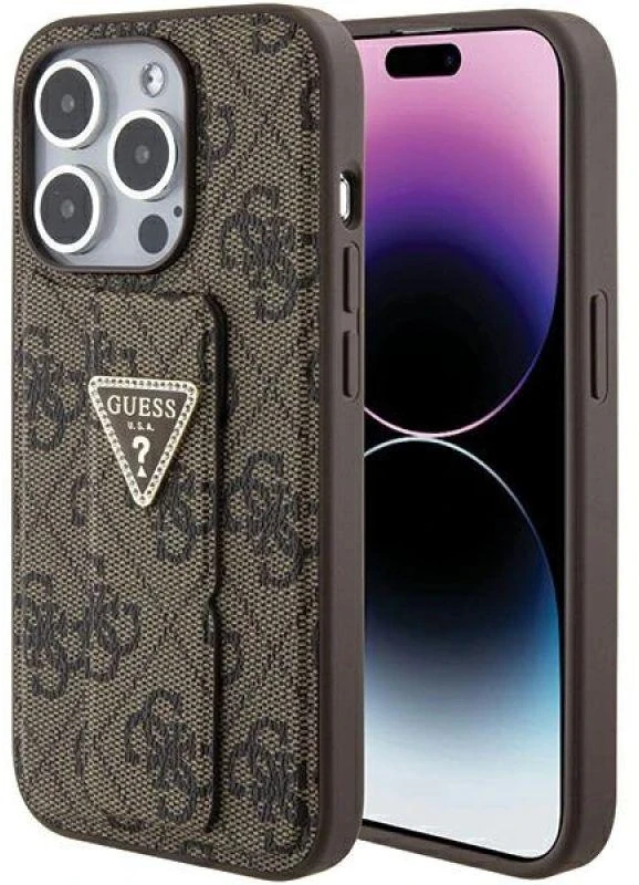 Dėklas GUESS GUHCP15LPGS4TDW IPHONE 15 PRO 6.1 "BROWN/BROWN HARDCASE GRIP STAND 4G TRIANGLE STRASS
