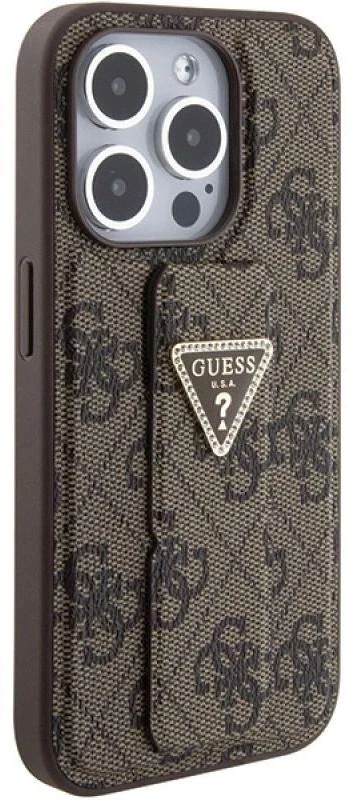 Dėklas GUESS GUHCP15LPGS4TDW IPHONE 15 PRO 6.1 "BROWN/BROWN HARDCASE GRIP STAND 4G TRIANGLE STRASS