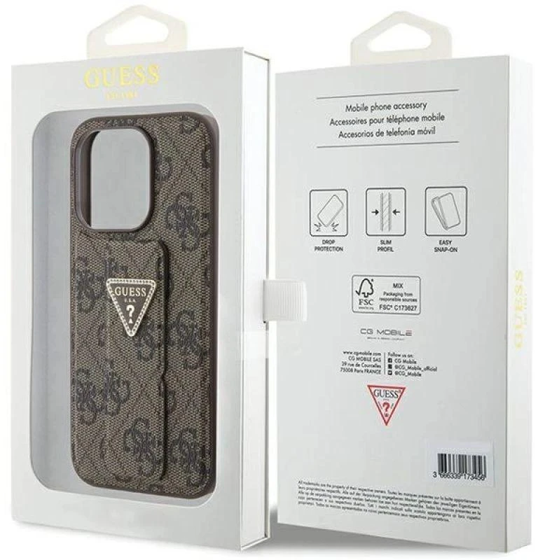 Dėklas GUESS GUHCP15LPGS4TDW IPHONE 15 PRO 6.1 "BROWN/BROWN HARDCASE GRIP STAND 4G TRIANGLE STRASS