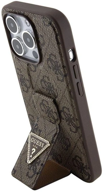 Dėklas GUESS GUHCP15LPGS4TDW IPHONE 15 PRO 6.1 "BROWN/BROWN HARDCASE GRIP STAND 4G TRIANGLE STRASS