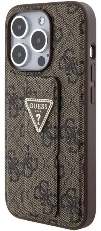 Dėklas GUESS GUHCP15LPGS4TDW IPHONE 15 PRO 6.1 "BROWN/BROWN HARDCASE GRIP STAND 4G TRIANGLE STRASS