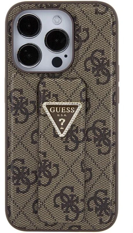 Dėklas GUESS GUHCP15LPGS4TDW IPHONE 15 PRO 6.1 "BROWN/BROWN HARDCASE GRIP STAND 4G TRIANGLE STRASS