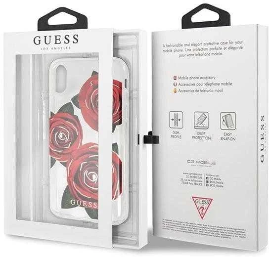 Guess Flower Desire Raudona Rose iPhone X dėklas – skaidrus