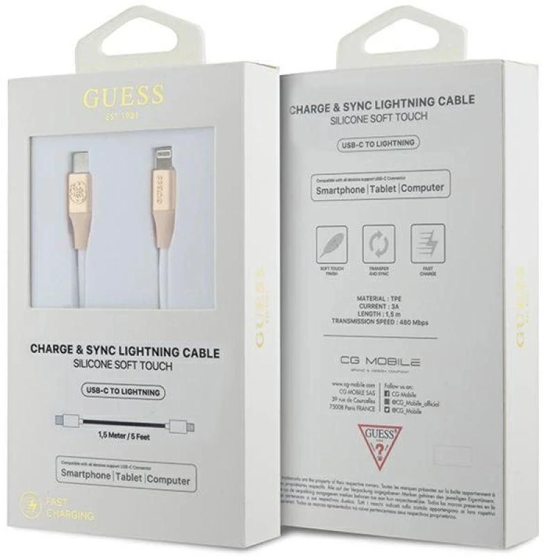 Guess GULMARG USB-C kabelis - Lightning 1.5m greito įkrovimo šviestuvas auksinis su reljefiniu logotipu