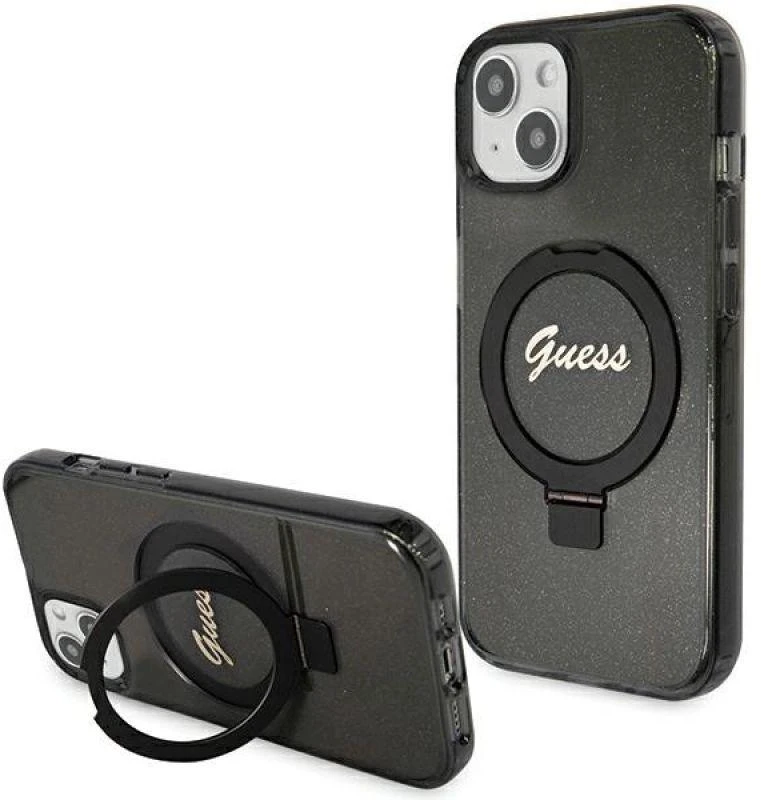 Guess GUHMP13MHRSGSK Apple iPhone 13 / 14 / 15 6.1″ juodos spalvos kietas dėklas Ring Stand Script Glitter MagSafe