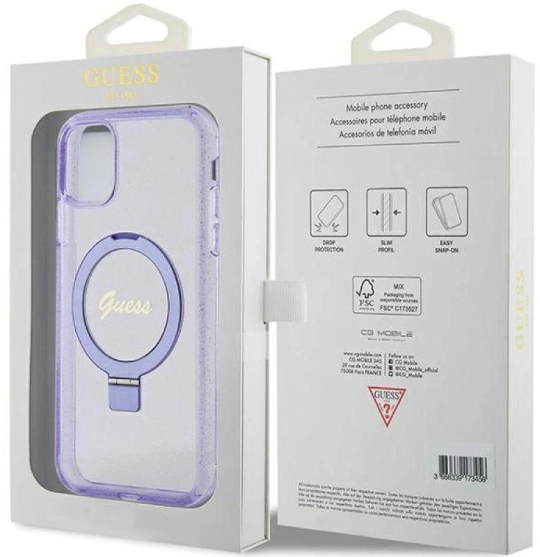 Guess GUHMN61HRSGSU Apple iPhone 11 / Xr 6.1″ violetinės spalvos kietas dėklas Ring Stand Script Glitter MagSafe