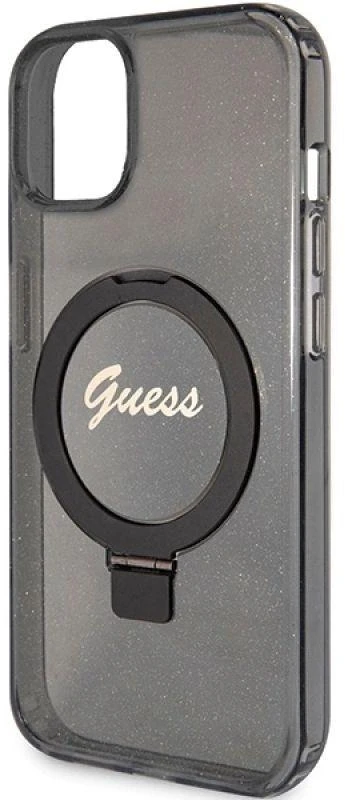 Guess GUHMP14SHRSGSK Apple iPhone 14 / 15 / 13 6.1″ juodos spalvos kietas dėklas Ring Stand Script Glitter MagSafe