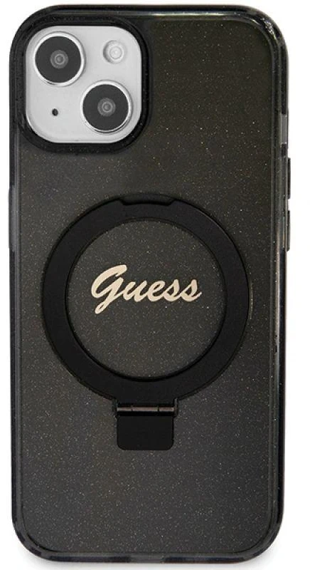 Apple Guess GUHMP13MHRSGSK iPhone 13 / 14 / 15 6.1″ juodos spalvos kietas dėklas su žiedu-stovu Script Glitter MagSafe