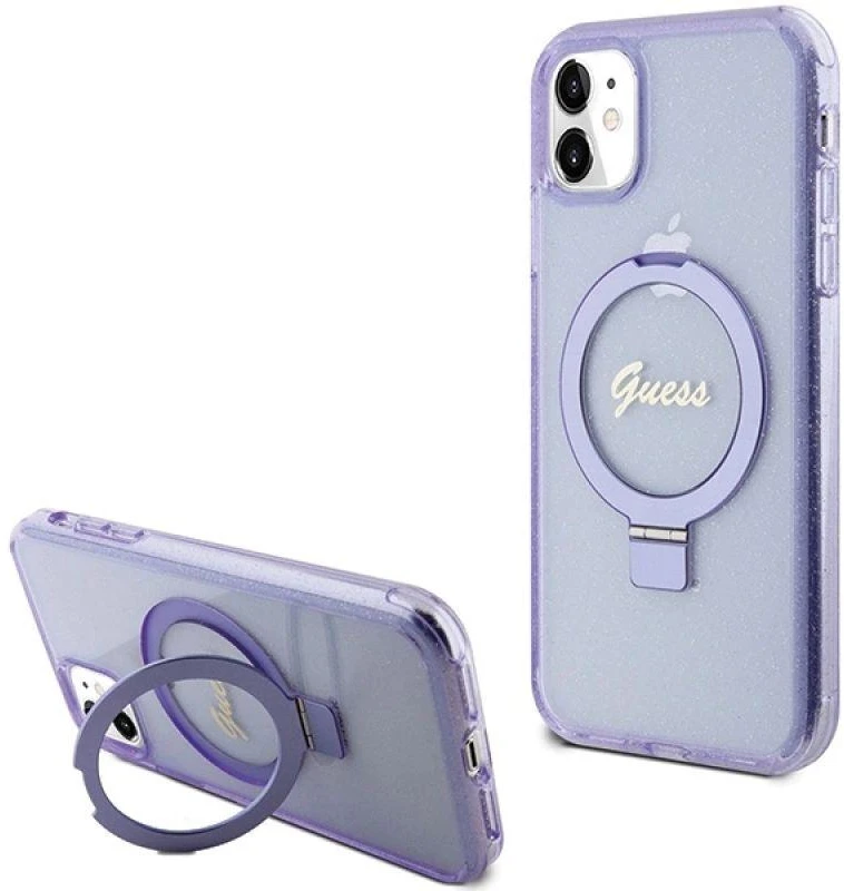 Guess GUHMN61HRSGSU Apple iPhone 11 / Xr 6.1″ violetinės spalvos kietas dėklas Ring Stand Script Glitter MagSafe