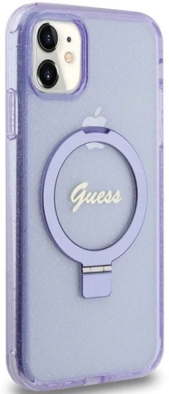 Guess GUHMN61HRSGSU Apple iPhone 11 / Xr 6.1″ violetinės spalvos kietas dėklas Ring Stand Script Glitter MagSafe