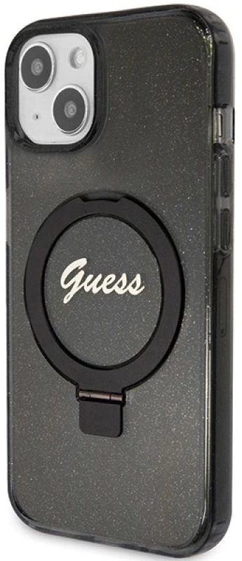 Guess GUHMP14SHRSGSK Apple iPhone 14 / 15 / 13 6.1″ juodos spalvos kietas dėklas Ring Stand Script Glitter MagSafe